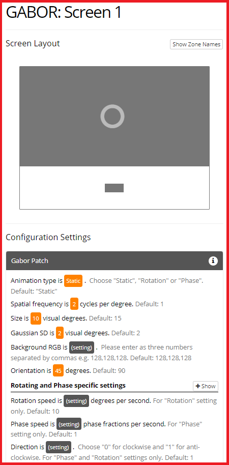 Screenshot of the configuration settings for the Gabor Patch Zone