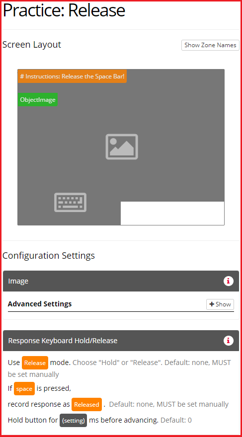 Screenshot of the Keyboard Hold/Release Zone in Release mode and configuration settings in the Task Builder