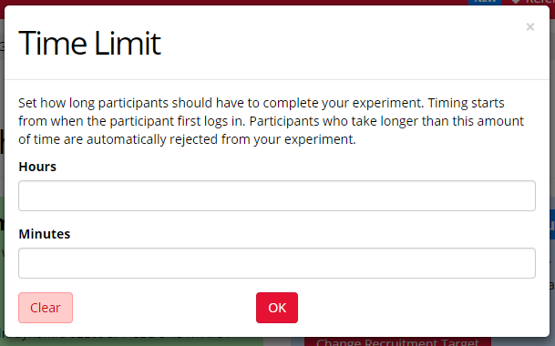 A screenshot of the Time Limit requirement in the Recruitment Tab of the experiment builder.