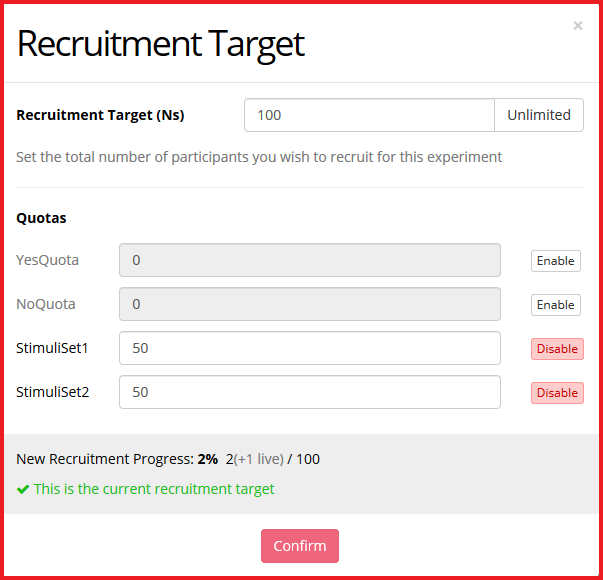 Screenshot of the Quota Node configuration settings in the Recruitment Target section of the Experiment's Recruitment tab