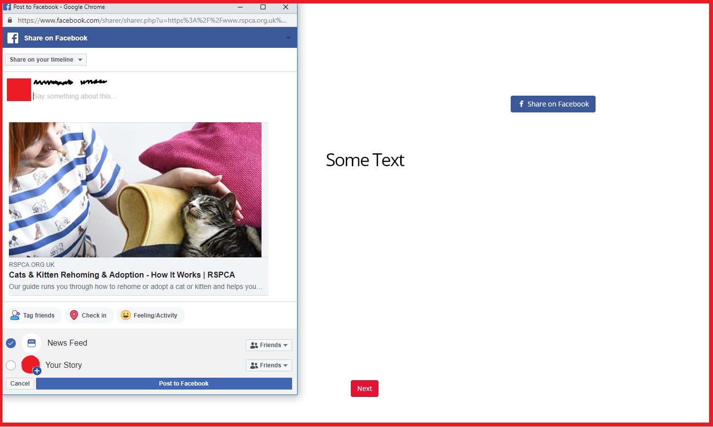 Screenshot of the popup Facebook window that appears when the Share on Facebook button is clicked