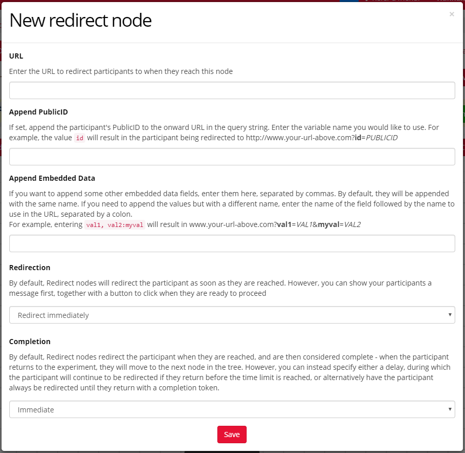 A screenshot of the Redirect Node modal displayed when the node is clicked on, showing the configuration settings.