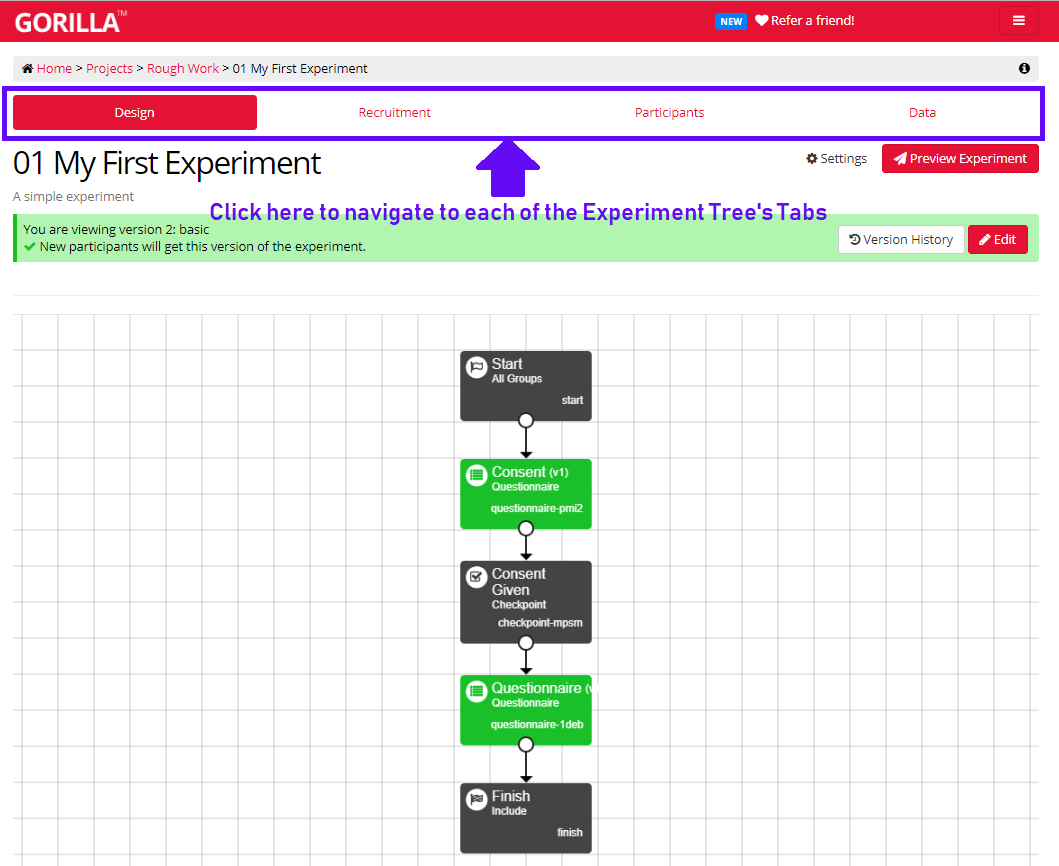 A screenshot of the Experiment Builder. The Design Tab is clicked on, and the other tabs are highlighted wih a purple box and arrow.