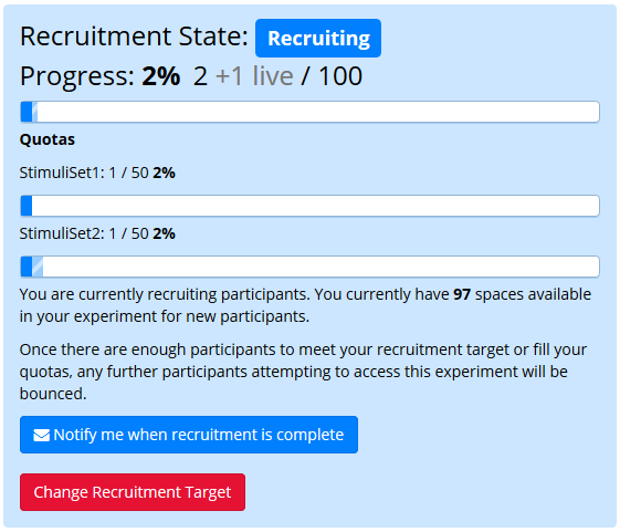 Screenshot of the Recruitment tab for an experiment in progress using the Quota Node, showing separate recruitment status and progress bars for each quota as well as the experiment overall