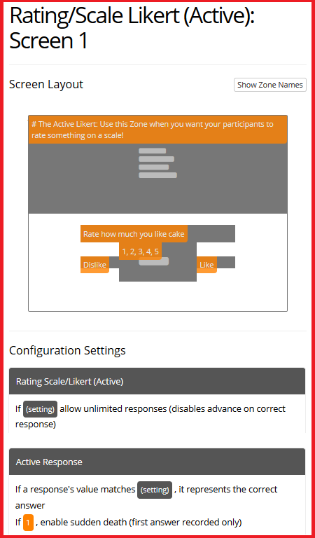 Screenshot of the Rating Scale/Likert (Active) Zone and configuration settings in the Task Builder