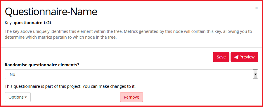 Screenshot of the Questionnaire Node configuration settings in the Experiment Tree